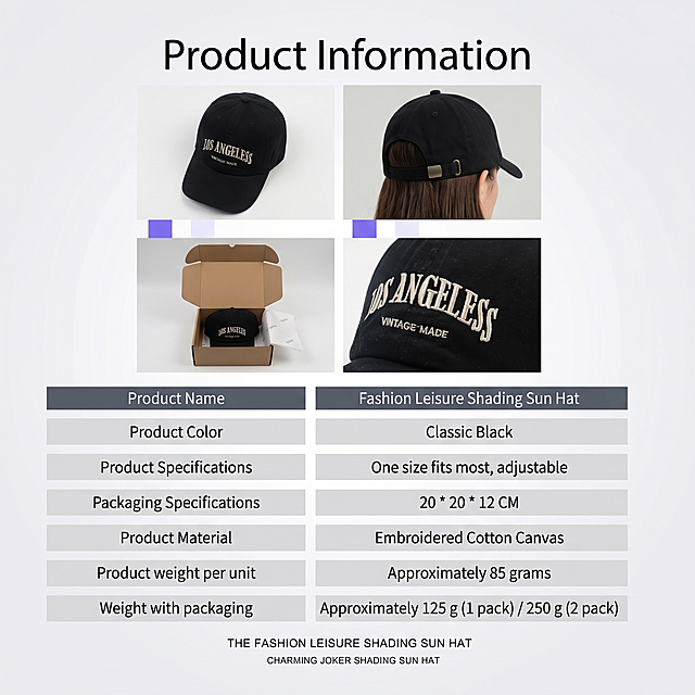 严格按照第二张图的产品介绍详情页完整布局和表格结构进行设计，将第二张的所有产品替换为第一张的黑色鸭舌帽产品，保留原排版和文字位置，全部内容转为英文，图片重新渲染不使用原图效果，尺寸精确为800X800