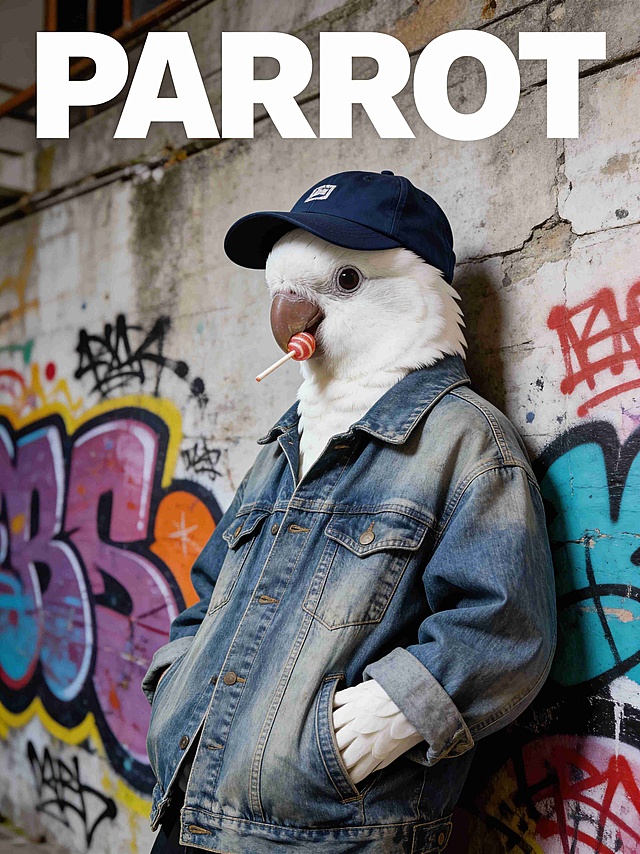 图示宠物穿宽松做旧蓝色牛仔夹克，反戴深蓝色棒球帽，嘴里叼着棒棒糖，身体站着自然倚靠墙面，一只“手”（被袖子完全遮住）插在牛仔外套口袋里，姿态慵懒松弛；背景为斑驳的水泥墙面，覆盖色彩浓烈的街头涂鸦；时尚大片风格，创意拟人化动物穿搭，街头潮流风，略带搞怪趣味；画面顶部放置醒目白色“PARROT”标题艺术字（版头参考潮流杂志）。