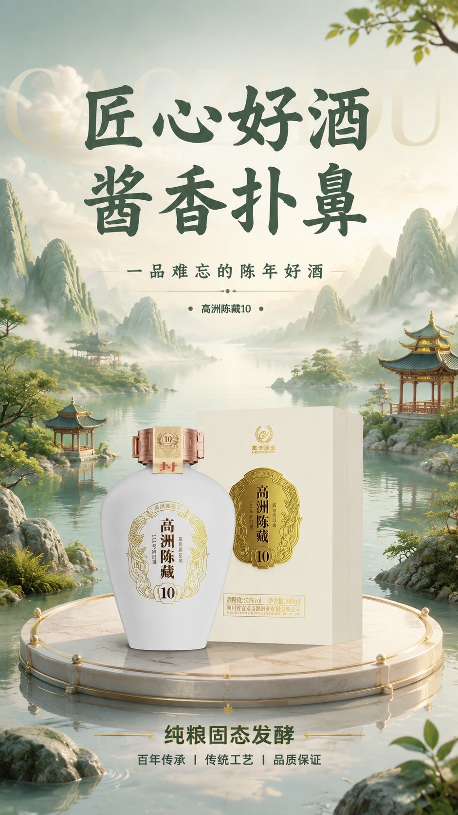 精修这张白酒海报，使底图山水背景、配色、文字排版与中间的高洲陈… - 图片创意预览