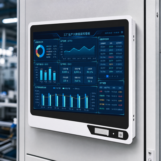 科技工业写实摄影风格。
主体：工业触控一体机严格参照上传产品图，完整保留所有可见组件、部件、轮廓、结构、比例、材质、颜色与产品本体上的文字信息，完整保留白色机身和黑色磨砂边框，机身方正硬朗厚实，适配机预览效果