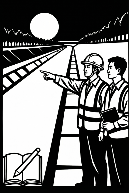 参考原图构图，生成简化版本的水利廉洁主题剪纸底稿，保留核心元素：水利工程师、基层河长、水利干渠、太阳，简化线条细节，减少复杂纹理，保持阳刻为主阴刻为辅的北方剪纸风格，A4竖幅单色线条底稿，更容易手工雕预览效果