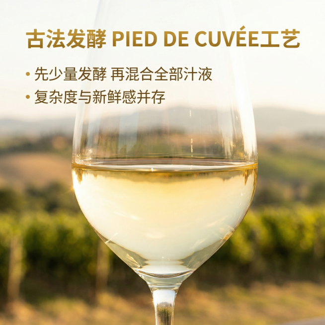[主图3 工艺细节] 爱唯侬堡卡洛白葡萄酒，保持酒瓶外观和原图一致，特写展示酒体部分，突出淡金黄色清澈透亮的质感，背景虚化托斯卡纳阳光场景。画面排版：上方标注工艺卖点“古法发酵 PIED DE CUV预览效果