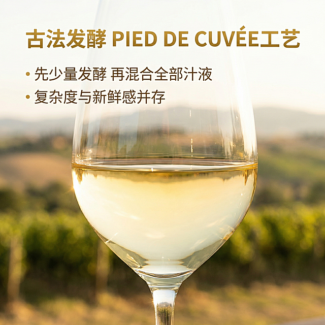 [主图3 工艺细节] 爱唯侬堡卡洛白葡萄酒，保持酒瓶外观和原图一致，特写展示酒体部分，突出淡金黄色清澈透亮的质感，背景虚化托斯卡纳阳光场景。画面排版：上方标注工艺卖点“古法发酵 PIED DE CUVÉE工艺”，下方分点标注“先少量发酵 再混合全部汁液”“复杂度与新鲜感并存”，字体层级分明，主标题更大更粗，副标题更小，整体浅金暖调，光影自然柔和，风格和前两张主图保持统一，符合京东平台规范。