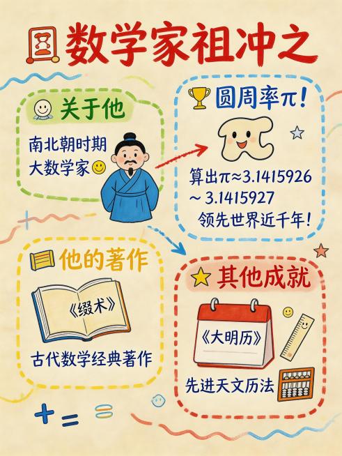 可爱手绘涂鸦笔记风格数学信息图，主题是数学家祖冲之，介绍他的数学故事和数学成就，采用儿童手绘手账笔记插画风格，彩色马克笔手绘，线条略带粗糙不规则的手绘感，轻松充满童趣的科普教育氛围，竖版构图，淡黄色背预览效果