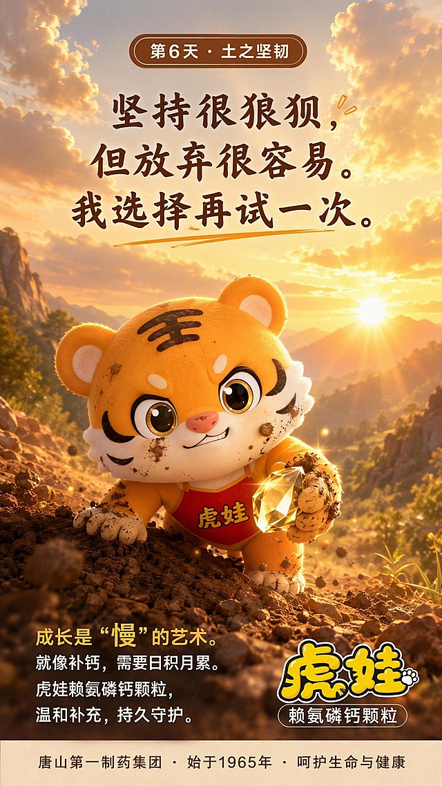 朋友圈每日一签海报，9:16竖版。以参考图中的虎娃IP形象（橙色小老虎，红色肚兜写有虎娃二字，额头王字，圆润可爱3D风格）为主角，虎娃从泥土坡地中奋力爬起，身上沾了些泥土，但两只小爪子紧紧握着一颗闪闪发光的晶石，眼神坚定充满力量，嘴角带着不服输的微笑。背景是黄昏的山野，远处有金色的阳光穿透云层，象征希望和坚持。顶部圆角日签标签：'第6天 · 土之坚韧'。中部旁白：'坚持很狼狈，但放弃很容易。我选择再试一次。' 底部产品文案：'成长是"慢"的艺术。就像补钙，需要日积月累。虎娃赖氨磷钙颗粒，温和补充，持久守护。' 右下角虎娃品牌logo。最底部企业落款：'唐山第一制药集团 · 始于1965年 · 呵护生命与健康'。儿童绘本风格，暖土金色调，积极向上、坚韧不拔的氛围。