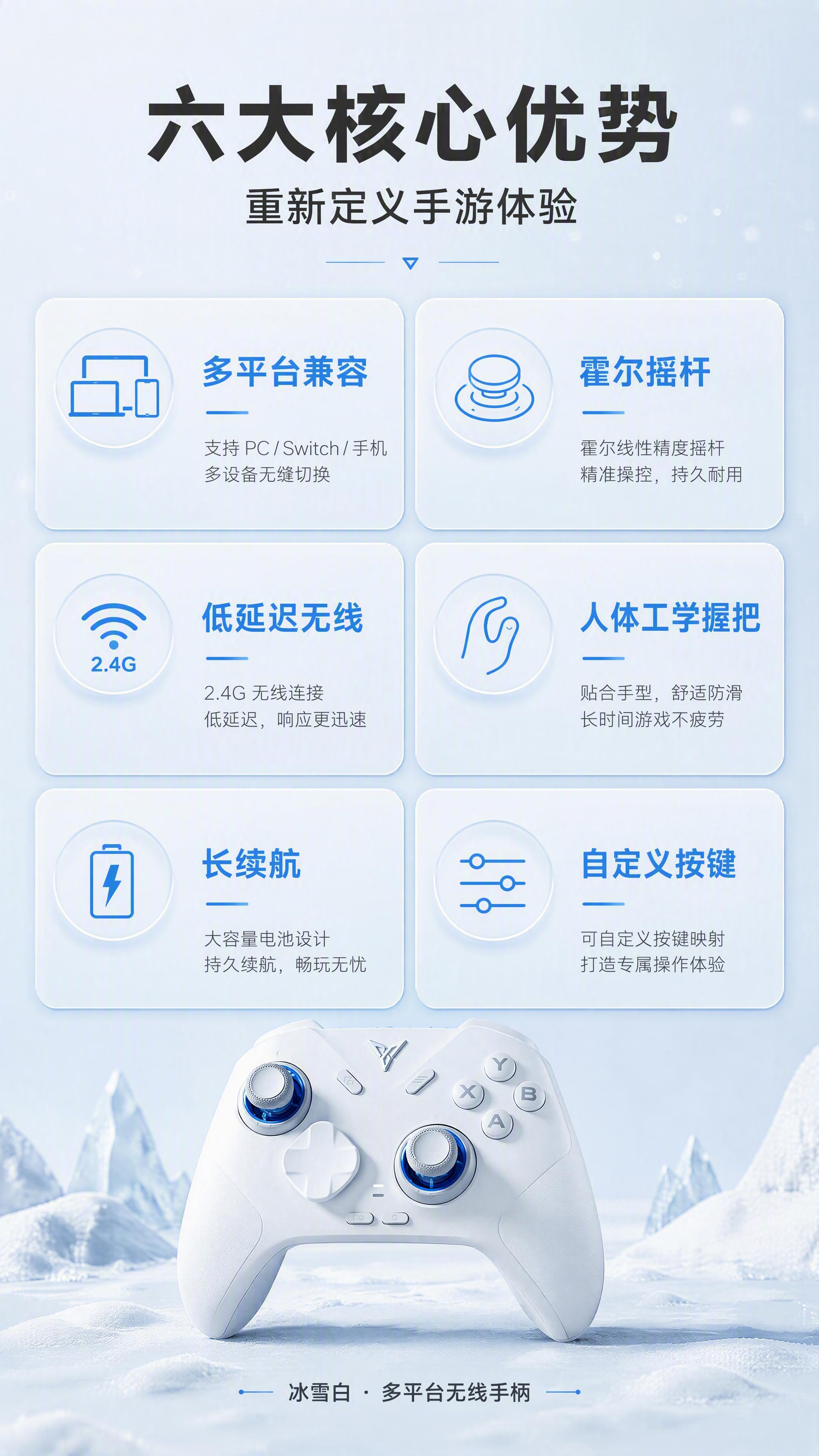 [第3张] 详情页核心卖点总览-冰雪白游戏手柄六大优势。本张使… - 图片创意预览
