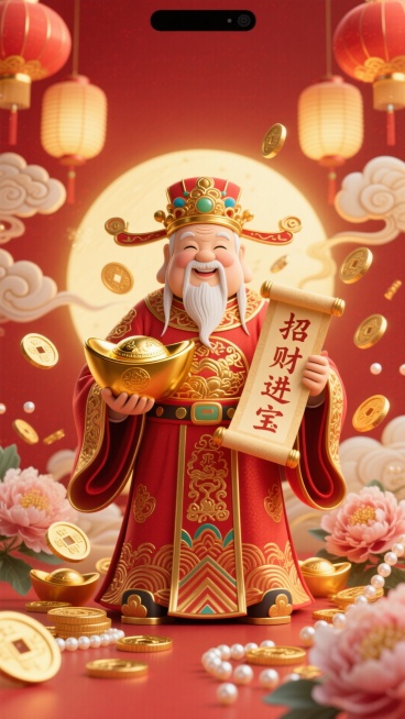 手机壁纸，财神爷，一位慈祥的中国神祇，身穿华丽的红色和金色官袍，头戴官帽，手持大金元宝和“招财进宝”卷轴，周围漂浮着金币、铜钱和珍珠。背景是祥云、灯笼和牡丹花。金色光晕，红色主题，细节丰富，3D渲染，预览效果