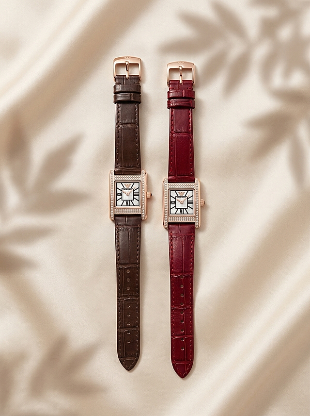 浅米色模糊的质感做空间感的背景，两只手表并排平放在丝绸上，光线柔和，有空间感，背景的丝绸上隐隐约约有树叶的倒影做模糊处理