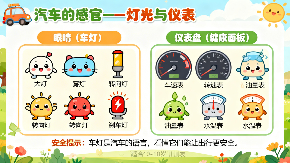 卡通风格PPT页面，主题是汽车的感官——灯光与仪表，分为“眼睛（车灯）”和“仪表盘（健康面板）”两个板块。车灯部分介绍大灯、雾灯、转向灯、刹车灯，每个配可爱卡通图标和功能说明；仪表盘部分介绍车速表、转预览效果