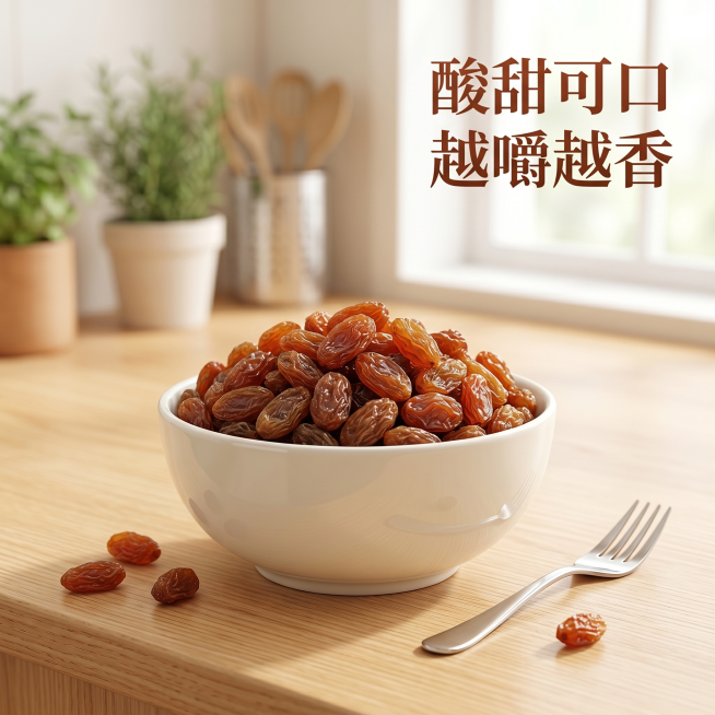 [主图-4] 食用场景展示，体现酸甜可口体验
[氛围风格] 真实生活场景，自然有食欲
[画质] 商业摄影质感，真实自然，产品清晰，保持葡萄干颜色质感与参考图一致
[元素] 干净的陶瓷碗装满红香妃葡萄干预览效果