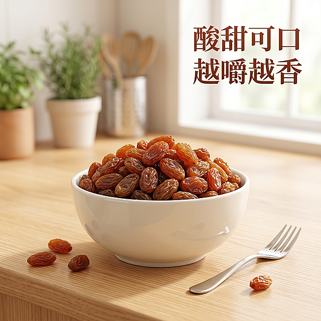 [主图-4] 食用场景展示，体现酸甜可口体验
[氛围风格] 真实生活场景，自然有食欲
[画质] 商业摄影质感，真实自然，产品清晰，保持葡萄干颜色质感与参考图一致
[元素] 干净的陶瓷碗装满红香妃葡萄干，放在浅色木质餐桌，旁边放一把不锈钢叉子，几颗葡萄干散落在桌面，背景是简约温馨厨房虚化，整体氛围干净日常，唤起食用联想，商品主体占比约65%，满版无边框
[光影] 窗户透入自然柔光，氛围温馨通透
[配色] 暖木色背景搭配红棕色葡萄干，色调温暖舒适
[视角构图] 平视略带俯角，景深适中，主体突出
[文字版式] 右上角写"酸甜可口 越嚼越香"，大字简洁，放置在背景负空间不遮挡产品，清晰可读
[比例分辨率] 1:1 比例，2k 分辨率，文字清晰可辨，超高清
[负向提示词] 变形，水印，文字错乱，产品图模糊，背景杂乱