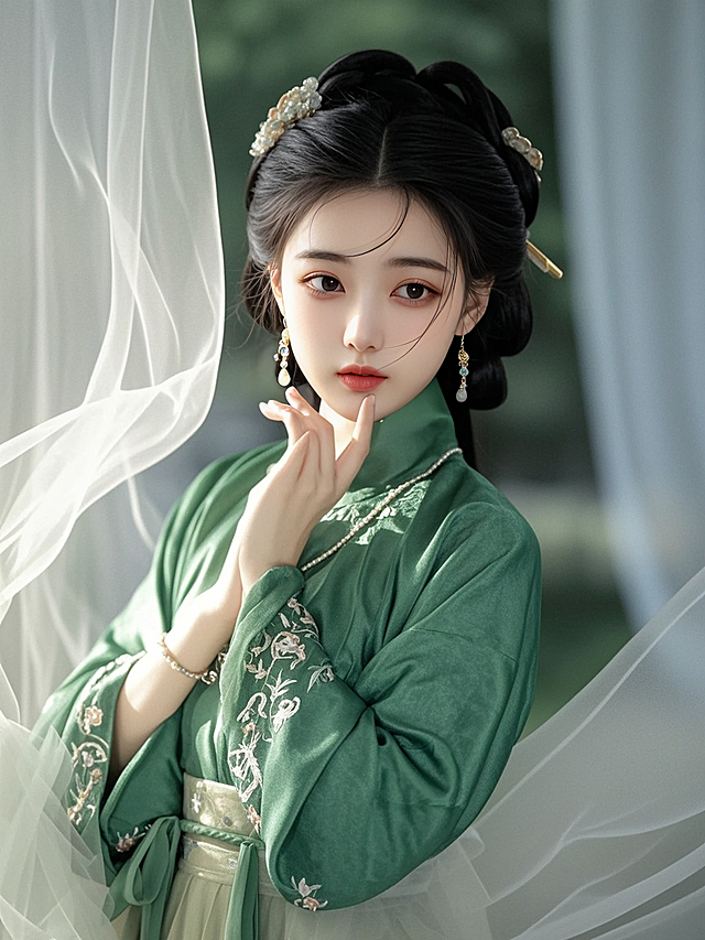 一名身穿绿色系汉服的女生，中式发饰，皮肤纹理清晰，高清商业摄影，半身照，人物特征保持