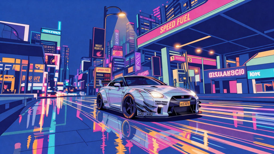 保留图二的夜晚霓虹加油站街头场景和平面插画风格，仅将图二原本车尾朝向镜头的赛车替换为图一的银色LibertyWalk宽体GTR赛车，采用图一赛车侧前45度角度放置在画面中心道路，保持和图二完全一致的霓预览效果