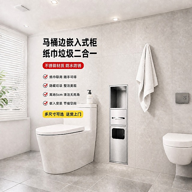 保持卫生间整体场景、白色马桶、墙面地面瓷砖、光影全部不变。将墙体内的嵌入式不锈钢壁龛柜整体向下移动，使柜体底部距离地面恰好5公分高度。柜体本身的大小、结构、材质、颜色完全不变，仍然嵌入墙体中与墙面齐平。下移后柜体底部与地面之间只有5厘米的墙面瓷砖，位置更低更贴近地面。同时将左侧卖点文字中的「离地10cm 清洁无死角」修改为「离地5cm 清洁无死角」，其他文字内容和位置保持不变。文字清晰锐利，无错字。