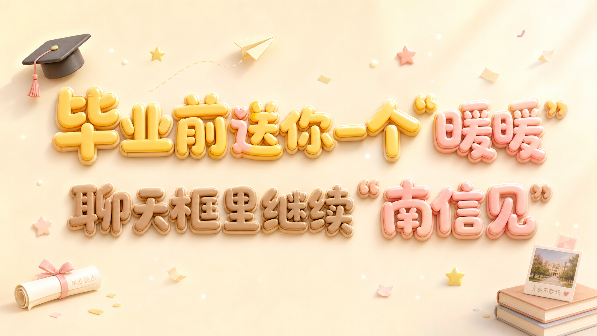 干净的浅米色背景。3D艺术字体设计，14个主体文字"毕业前送你一 - 图片创意预览