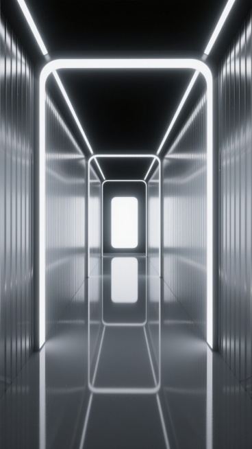 极简未来主义风格的太空舱通道，两侧是垂直排列的银白色金属条状结构墙面，顶部和底部边缘嵌入冷白色LED灯带，地面为光滑如镜的深灰色反光材质，尽头是散发柔和白光的方形出口，整体呈现出高对比度的黑白灰配色方案，光线从两侧和尽头向中心汇聚形成强烈的纵深感，空间氛围静谧、科技感十足，通道内壁可看到细微的金属拉丝纹理，地面反射出墙面和灯光的清晰倒影，营造出深邃、神秘的宇宙空间穿行体验。预览效果