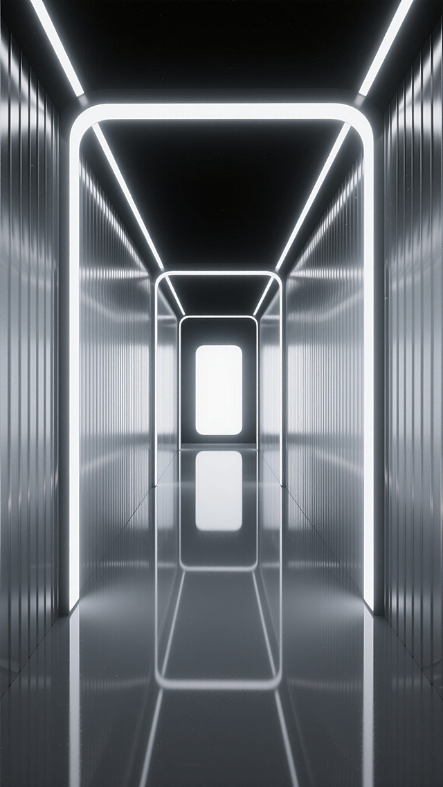 极简未来主义风格的太空舱通道，两侧是垂直排列的银白色金属条状结构墙面，顶部和底部边缘嵌入冷白色LED灯带，地面为光滑如镜的深灰色反光材质，尽头是散发柔和白光的方形出口，整体呈现出高对比度的黑白灰配色方案，光线从两侧和尽头向中心汇聚形成强烈的纵深感，空间氛围静谧、科技感十足，通道内壁可看到细微的金属拉丝纹理，地面反射出墙面和灯光的清晰倒影，营造出深邃、神秘的宇宙空间穿行体验。