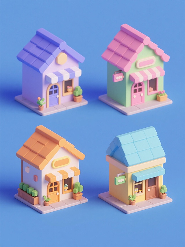 四个等大的Q版3D卡通小建筑店铺，每个店铺拥有不同的屋顶形状、门窗样式和门前装饰植物，分别采用蓝紫色调、粉绿色调、橙黄色调、青蓝色调的纯色背景，保持统一的低多边形建模风格、圆润边角设计、柔和光影效果和干净简洁的画面感，四个店铺呈2x2网格状规整排布，整体风格可爱治愈，细节丰富。