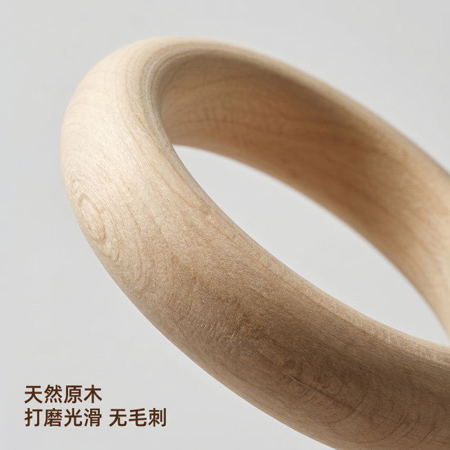 [主图 3] 原木材质细节展示；[氛围风格] 简约质感特写风格；[画质] 商业摄影质感、超高清细节、纹理清晰真实；[元素] 微距特写展示木质圆环表面，清晰呈现天然木材的纹理、光滑打磨的圆润边缘，展示精预览效果
