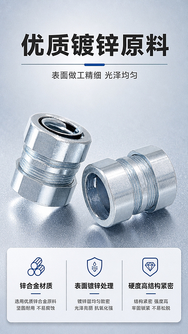 [商品] 使用【图1】镀锌六角自固接头；保留六角外形、螺纹结构、镀锌金属银色质感；产品斜45度摆放，占画面50%，突出表面镀锌层光泽。
[画面] 页面目标：材质工艺展示，突出优质镀锌原料。构图：上中下结构，顶部标题区20%，中部产品展示区50%，底部材质说明区30%。产品居中，表面有高光反射体现镀锌工艺。背景：浅灰蓝渐变+细微颗粒质感，模拟工业质感。
[视觉] 套系策略：风格=工业五金专业商业摄影风；标题字=粗黑无衬线黑体；正文字=常规无衬线黑体；主色=浅灰蓝(#E8EEF4)；背景延展=基于浅灰蓝做上下深浅渐变、同色系颗粒质感；强调色=深蓝(#1E6FB8)，仅用于小面积图标、引线、标签和按钮；标题色=深炭灰(#222222)；正文色=中灰(#555555)；组件=圆角信息卡、材质图标、分割线；光影=左前侧45度硬柔光，突出金属表面镀锌层反光和质感。
[文字] 顶部主标题：优质镀锌原料；副标题：表面做工精细 光泽均匀。底部三个材质说明点横排：锌合金材质 | 表面镀锌处理 | 硬度高结构紧密。每个配小图标和简短说明文字。文字区不遮挡产品主体。
[规格] 图片比例9:16竖版，4K分辨率，负向提示：避免变形、错字、文字过小、产品结构改变、颜色失真、背景杂乱。