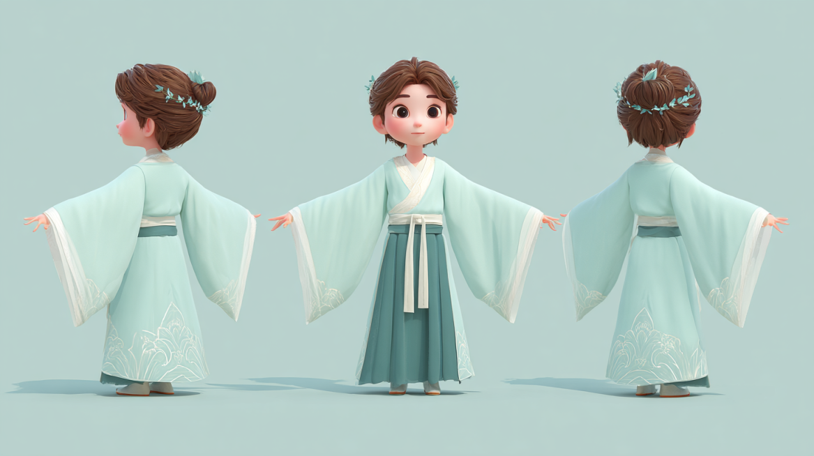 3D cartoon Chinese style young boy IP character design, wearing Chu-style straight robe, lotus acces预览效果