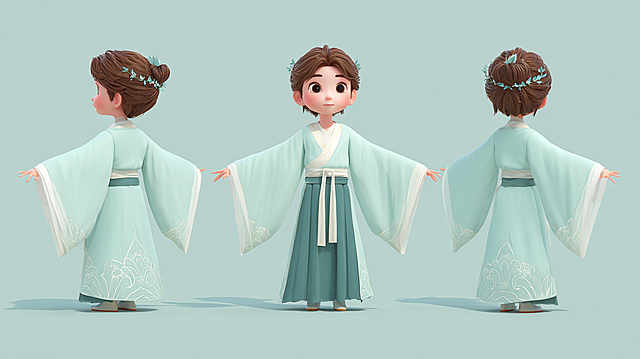 3D cartoon Chinese style young boy IP character design, wearing Chu-style straight robe, lotus accessories, gentle and delicate features, Chinese style patterns, flowing skirt, three views: front view, side view, back view, solid color background, main colors: light water blue, bright moon white, early lotus pink, 3D cartoon style, Chinese style