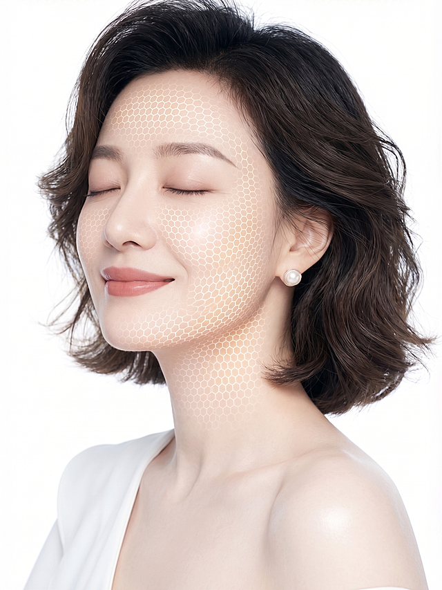 以参考人物为主体，生成护肤创意场景，商业模特摄影，脸部特写，肌肤细腻光滑，脸部叠加发光的纤细的六边形网格图案，展现护肤品成分渗透护肤的视觉效果，网格自然贴合面部肌肉走向，纯白色背景，画面融合护肤品质感与科技感，突出肌肤护理的科学性，高清64K画质