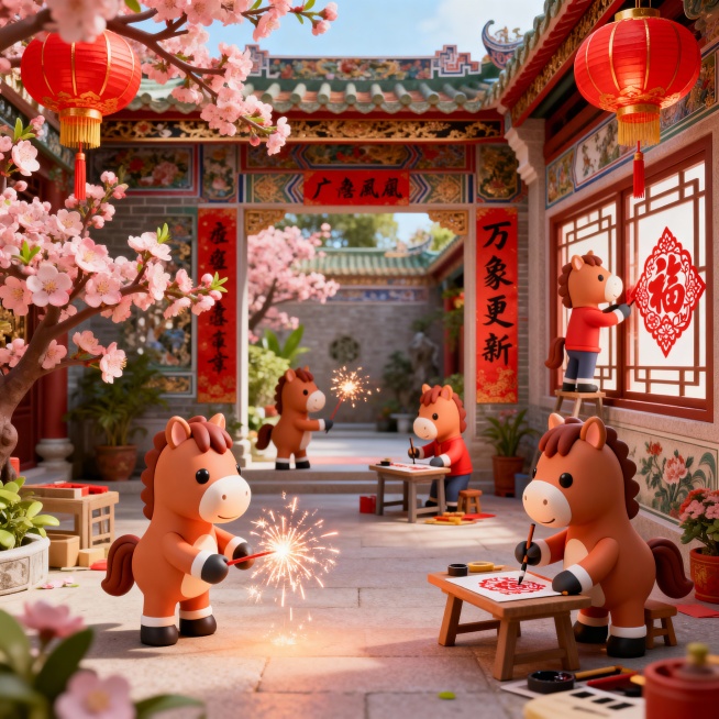 3D立体可爱卡通风格，广府风，3D卡通小马们在玩传统的春节游戏，有的在放烟花，有的在写春联，还有的在贴窗花，背景是装饰华丽的庭院，有桃花盛开，红灯笼高高挂起，整体画面充满生机和创意，体现“万象更新”的预览效果