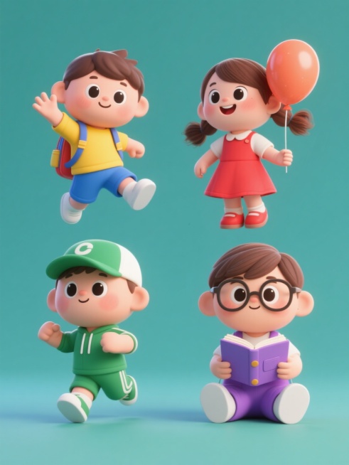 3D卡通风格，纯色背景，4个完全不同造型的可爱卡通小人系列素材集合，规整排布。每个小人保持圆润饱满的3D建模质感，明亮鲜艳的色彩搭配，大眼睛和可爱的面部表情。第一个小人穿着黄色上衣蓝色短裤背着书包跳跃挥手，第二个小人穿着红色连衣裙扎着双马尾手持气球微笑站立，第三个小人穿着绿色运动服戴着棒球帽做出跑步姿势，第四个小人穿着紫色背带裤戴着眼镜手持书本坐在地上，所有小人保持统一的3D卡通渲染风格和光影……预览效果