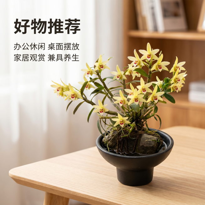 「图片1」，生成一套主图（5张），商品名称是铁皮石斛盆栽，卖点是可观赏可养生，风格是办公休闲风、家居治愈风等，参考如图环境「图片1」适配抖音平台，主图比例为1:1预览效果
