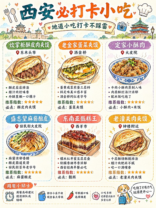 手绘风格的西安必打卡小吃海报，浅米白色温暖背景，整体为可爱插画风。

顶部区域：左上角有刀叉勺子手绘小插画，中间是大标题"西安必打卡小吃"，下方有副标题横幅写着"地道小吃打卡不踩雷"，右上角有厨师帽和相机小图标，周围有小爱心星星装饰，背景有淡淡的西安城墙和钟楼剪影。

主体是两行三列共6张小吃店卡片，每张卡片有彩色标题栏、位置标注、大幅小吃手绘插画、3条特色描述、推荐指数星星、必点小吃，全部为小吃类不含正餐和面食：

第一行：
1. 炊掌柜酥皮肉夹馍（绿色标题栏），位置：东木头市，插画是酥皮掉渣的肉夹馍，特色：酥皮层层掉渣、腊汁肉烂味香、外酥里嫩一口爆汁，推荐指数五颗星，必点：酥皮肉夹馍
2. 老金家蛋菜夹馍（橙色标题栏），位置：洒金桥，插画是蛋菜夹馍，特色：蛋黄咸菜煎蛋三层料、料足味美口感丰富、洒金桥网红老字号，推荐指数四星半，必点：蛋菜夹馍
3. 定家小酥肉（紫色标题栏），位置：大皮院，插画是一碗蒸小酥肉，特色：牛肉小酥肉蒸制入味、肉质酥烂汤汁浓郁、配米饭吃绝了，推荐指数四星半，必点：小酥肉+米饭

第二行：
4. 盛志望麻酱酿皮（蓝色标题栏），位置：回民街大皮院，插画是一碗麻酱酿皮，特色：麻酱浓郁香醇、酿皮筋道爽滑、回民街百年老字号，推荐指数五颗星，必点：麻酱酿皮
5. 东南亚甑糕王（红色标题栏），位置：西羊市，插画是一盒甑糕，特色：糯米红枣蜜豆层层叠、软糯香甜枣香浓郁、西安经典早餐必吃，推荐指数四星半，必点：甑糕
6. 老潼关肉夹馍（黄色标题栏），位置：钟楼附近，插画是千层酥皮肉夹馍，特色：千层酥饼酥脆掉渣、腊汁肉肥而不腻、咬一口满嘴香，推荐指数五颗星，必点：老潼关肉夹馍

底部用餐小贴士区，四个图标加文字：用餐高峰建议提前排队或错峰、部分小店只收现金备点零钱、可根据口味选择辣度、小吃多样记得留点肚子多尝几样。

右下角有可爱小狗拉行李箱插画和气泡文字"吃饱了才有力气玩得更开心"。

整张图色彩清新温暖，线条柔和，手绘水彩风格，信息丰富排版整齐，全部是简体中文文字，所有店铺均为小吃类不含正餐和面食。