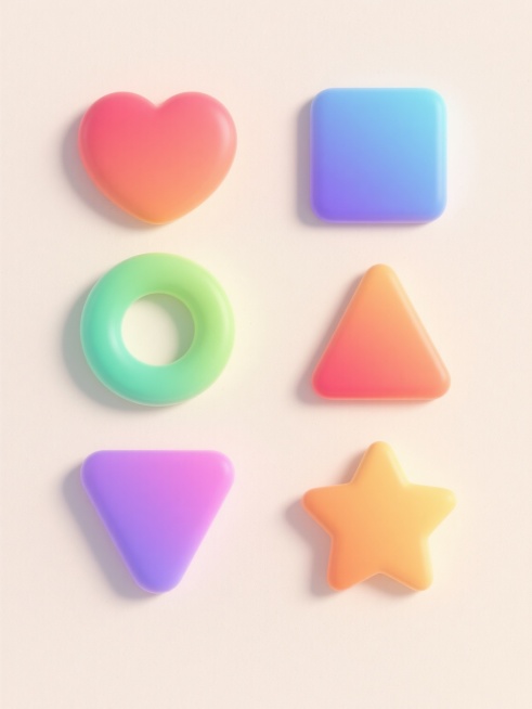 六个完全不同的基础图形造型——爱心、圆形、正方形、三角形、星形、六边形——以上下两行三列对齐排列在纯净的浅色背景上，每个图形拥有独特鲜艳的配色，软3d风格，轻微的立体凸起效果，柔和的边缘过渡，明亮均匀的光线照射，简洁明快的视觉感受，图形之间留有适当间距，整体构图平衡对称。预览效果