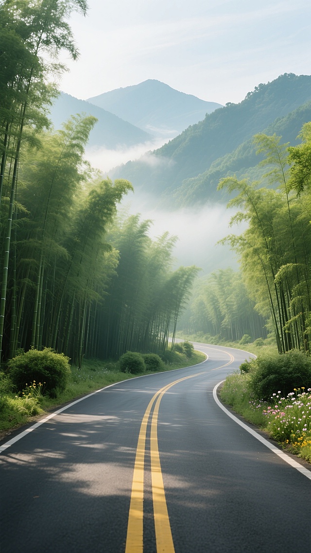 蜿蜒的沥青公路，双黄线分隔，周围是茂密的竹林，远处是连绵的青山，山间云雾缭绕，清晨的阳光透过薄雾洒在竹林和公路上，形成斑驳的光影效果，清新的空气感，写实风格，高清晰度，色彩鲜艳，绿色为主色调，道路两旁有低矮的灌木和野花，远处的山峰若隐若现，整体画面宁静而富有诗意。