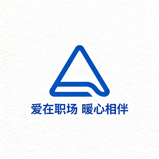 极简风格LOGO，以蓝色三角图形为核心元素，融入职场温暖陪伴的情感氛围，线条流畅简洁，几何感十足，画面中包含文字“爱在职场 暖心相伴”