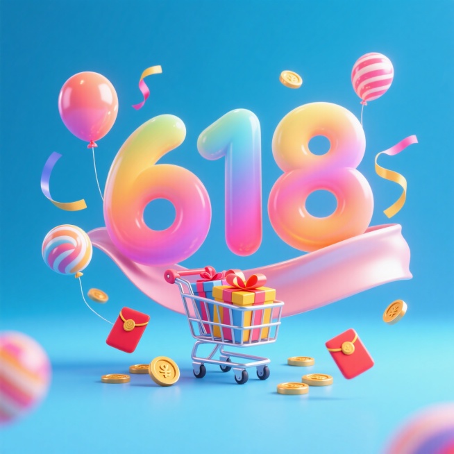 气球字体“618”，精致的糖果渐变色，丝绸横幅，小巧的购物车里放满礼盒，漂浮的彩带气球与红包，散落的金币预览效果