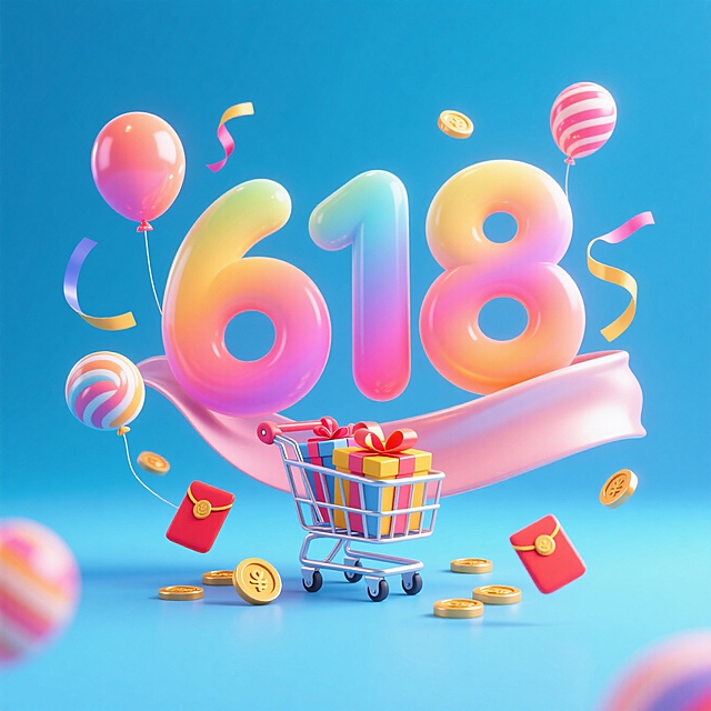 618促销，软3D风设计，液态数字与气球飘动，喜庆氛围浓厚，购物车满载礼物。