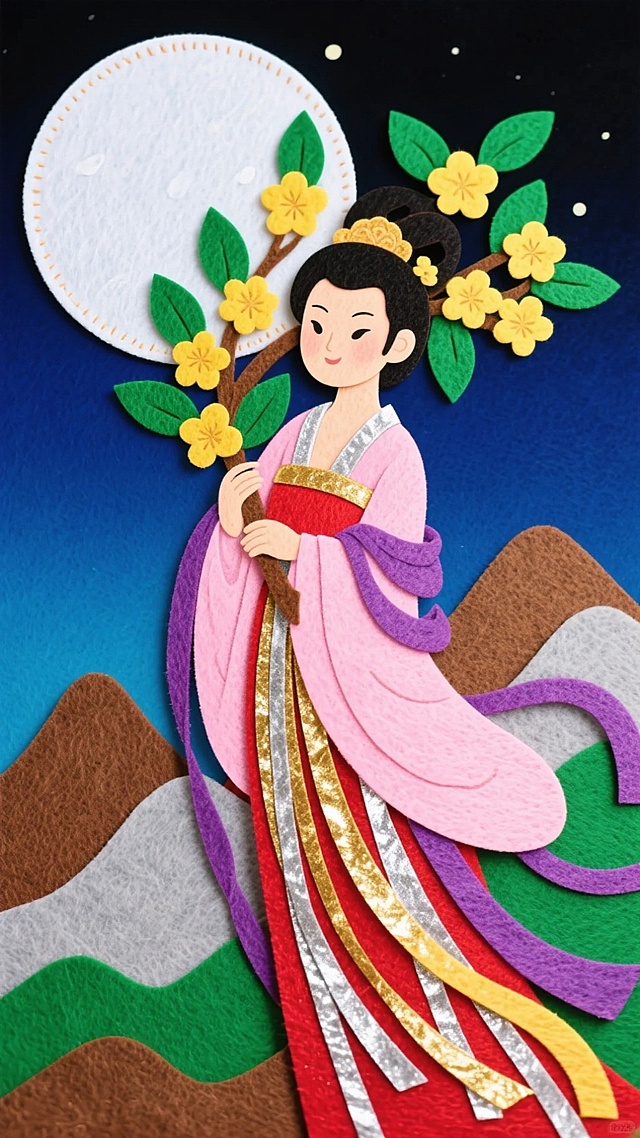 中式古典风格，撕纸与拼贴结合，展现嫦娥持花望月的唯美画面，浮雕质感增强梦幻感，中秋佳节氛围浓厚。