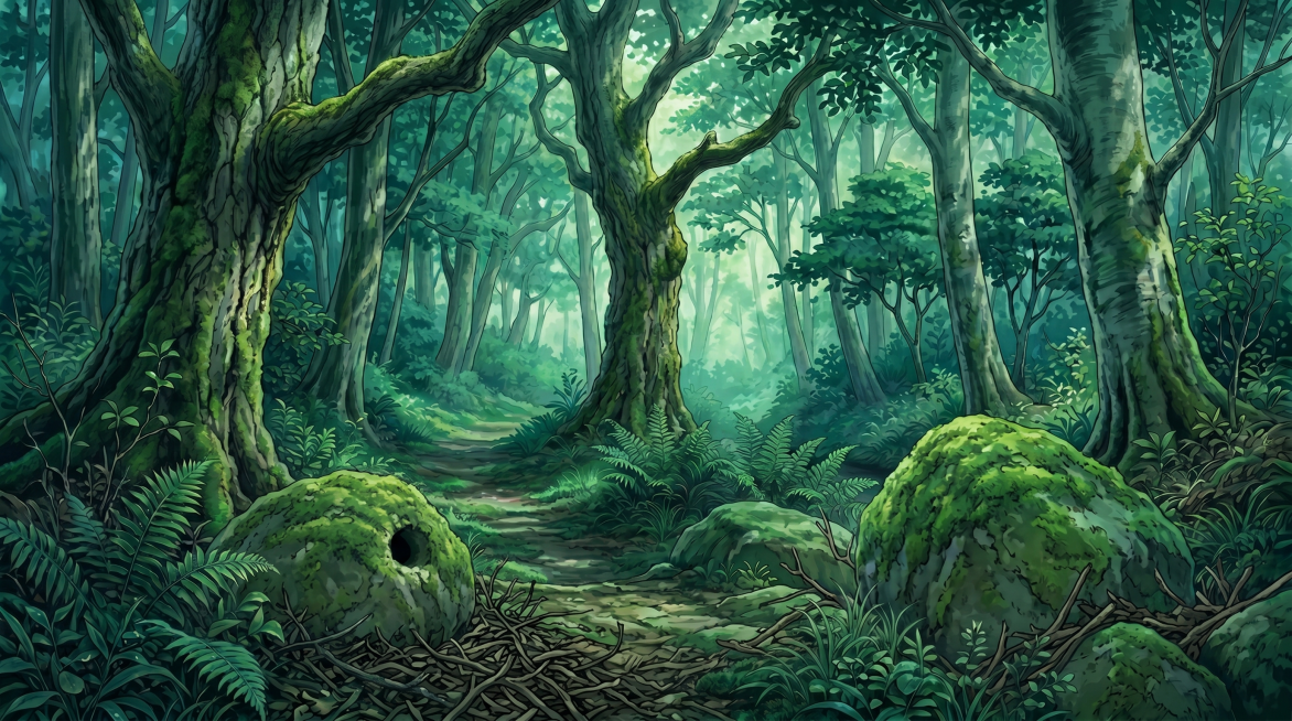 参考图2宫崎骏吉卜力动漫插画风格，重绘图1的森林场景，保留原森林、长满苔藓的树木和石头的构图，整体为动漫动画风格，16:9宽屏构图预览效果