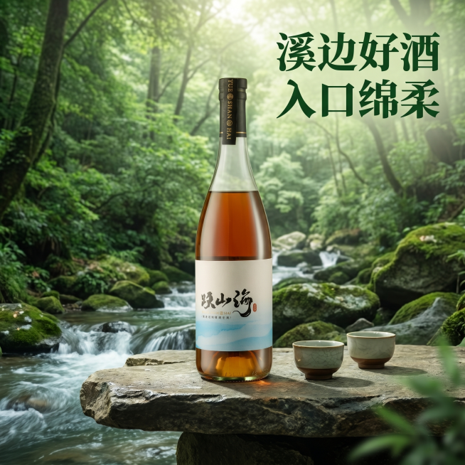 [主图 7] 跃山海黄酒山间溪边长桌露营主图，露营风格自然户外；
[氛围风格] 清凉自然森系露营，清新治愈；
[画质] 商业摄影质感，光线柔和通透，产品清晰真实，画面干净高级；
[元素] 山间溪边天然预览效果