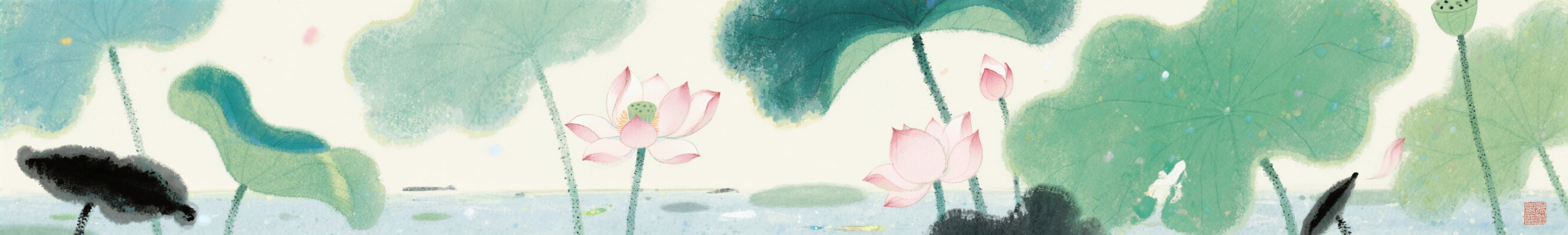 夏季水墨画面，写意清雅风格，夏日荷叶荷花元素，淡墨晕染，横幅构图预览效果
