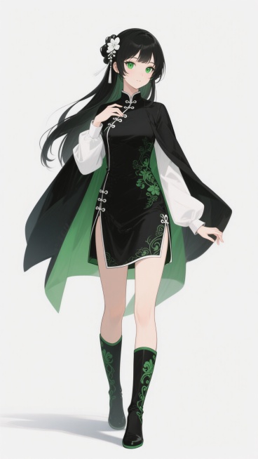 中国古风动漫风格少女角色，保持白色背景，角色特征完整保留：黑色长发带白色发饰，绿色眼眸，白皙皮肤，身穿黑色为主、绿色和白色点缀的传统与现代结合服饰，包括黑色短裙、绿色花纹长靴、白色长袖上衣和黑色披风，右手自然下垂，左手轻抬至胸前，身体微微侧立，双腿并拢站立，姿态优雅端庄，服饰细节精致，线条流畅，色彩鲜明，光影柔和，整体风格统一，具有动漫插画的细腻质感和唯美画风。预览效果