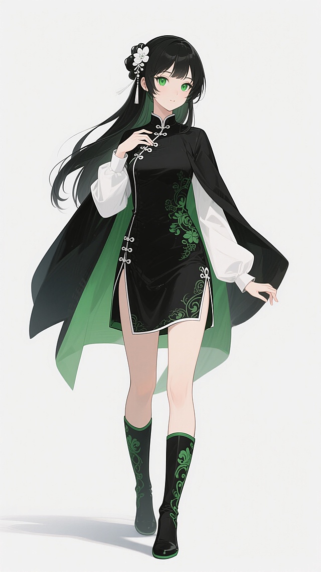 中国古风动漫风格少女角色，保持白色背景，角色特征完整保留：黑色长发带白色发饰，绿色眼眸，白皙皮肤，身穿黑色为主、绿色和白色点缀的传统与现代结合服饰，包括黑色短裙、绿色花纹长靴、白色长袖上衣和黑色披风，右手自然下垂，左手轻抬至胸前，身体微微侧立，双腿并拢站立，姿态优雅端庄，服饰细节精致，线条流畅，色彩鲜明，光影柔和，整体风格统一，具有动漫插画的细腻质感和唯美画风。