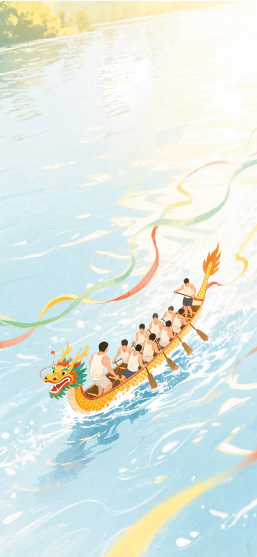 将图中的龙舟缩小一点，保持水面、彩带等其他所有元素不变，保留原插画风格预览效果