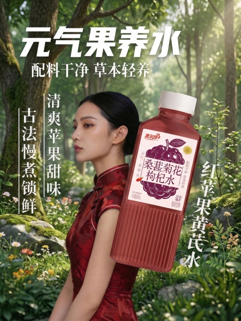 保留原图片的人物、文字、自然森林背景不变，仅将瓶中饮品替换为图中的桑葚菊花枸杞水，瓶身标签同步更新，整体风格自然清爽一致预览效果