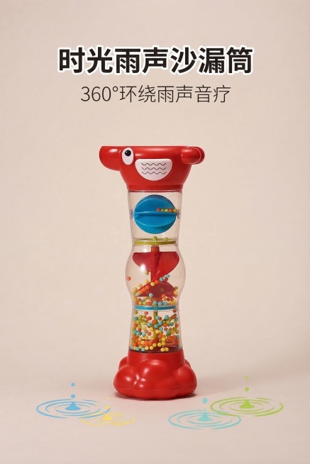 高级杂志风电商详情图主视觉页，整体色调明亮柔和，背景为浅米色纯色底。画面中央垂直展示完整红色款沙漏雨声筒玩具，严格还原上传的产品图，包括包装设计、颜色、LOGO 位置、文字内容、图案元素等所有细节，产预览效果