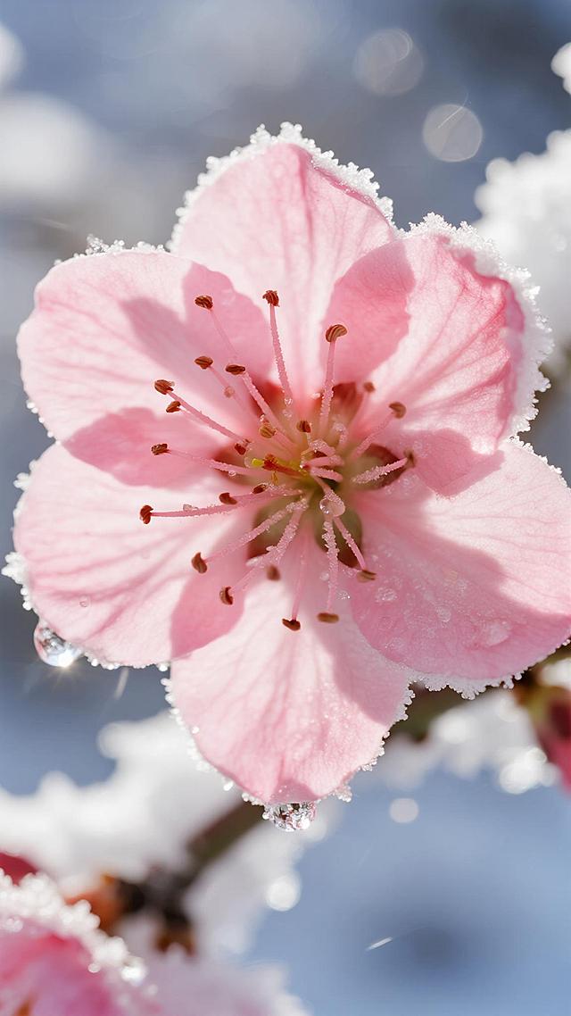 雪覆粉樱，晶莹剔透，光影流转间尽显柔美浪漫，水彩风与胶片感交融，自然清新中透出梦幻优雅。
