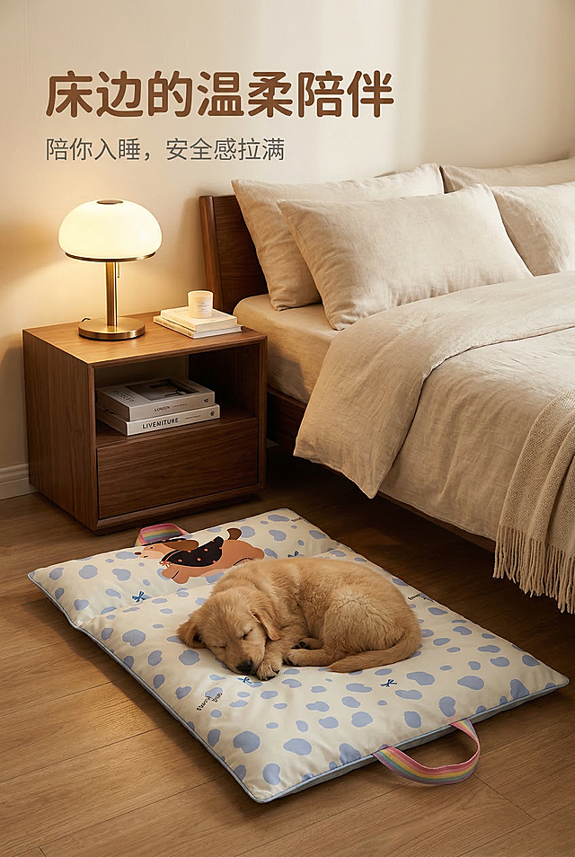 轻奢温馨风暖色调，杂志级精致排版，严格还原上传的产品图（任选一款，放置在卧室场景中），主标题：「床边的温柔陪伴」（棕色圆润无衬线字体，左对齐），副标题：「陪你入睡，安全感拉满」（浅灰色小字，主标题下方），信息布局：整体为卧室温馨场景（浅米色床品，木质床头柜，暖光台灯），窝垫平铺在床边地面（占画面40%），宠物（小猫/小狗）蜷缩在窝垫上睡觉（占画面30%），文字说明放置在画面左上角，光线温暖柔和，产品比例协调，无突兀感，整体风格统一温馨，高级感拉满。避免模糊、像素低、风格割裂、比例失调、颜色偏差、文字杂乱、场景杂乱、光线过冷或过曝、宠物姿态僵硬、产品细节缺失。
