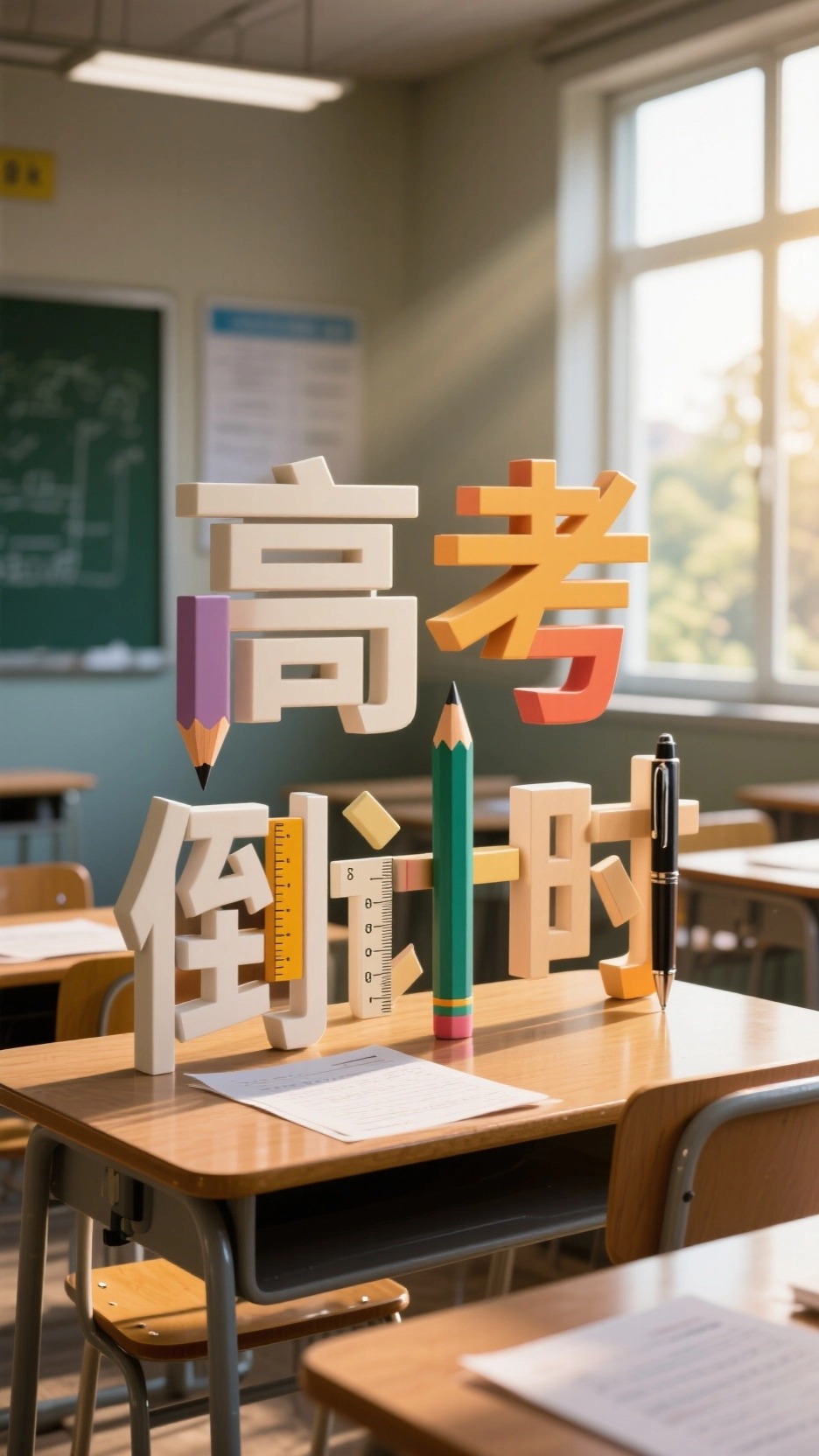 错位排列的"高考倒计时"文字，五个字的笔画由不同的文具拼接而成… - 图片创意预览
