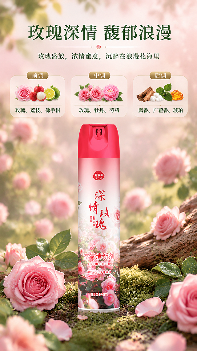 [商品] 使用【图4】深情玫瑰款空气清新剂；保留罐体结构、红色瓶盖、粉色瓶身、玫瑰花图案、品牌Logo、瓶身文字和370ml标识；罐体完整清晰，位于画面中心。
[画面] 目标：深情玫瑰香调解析页，参考桂花款版式。构图：上下结构，上方标题区+三栏前中后调香调卡，中间产品主体置于苔藓和枯木组成的自然场景中，周围散落真实玫瑰花和绿叶；产品占画面约40%，位于画面中下位置。上方三栏横向排列前调、中调、后调，每栏配对应香气元素的图片和文字。背景为浅粉虚化的玫瑰花园场景，有阳光透过树叶的光斑效果。
[视觉] 套系策略：风格=清新自然高级商业摄影；标题字=优雅宋体粗体；正文字=简洁无衬线黑体；主色=清新草木绿；背景延展=基于草木绿做浅粉渐变、同色深浅层级和自然天光质感；强调色=玫瑰粉，仅用于小面积标签、图标和玫瑰花装饰；标题色=深墨绿；正文色=中灰绿；组件=圆角半透明香调卡、金色小标签、玫瑰花装饰元素；光影=上方柔和自然光，苔藓地面有自然阴影，整体浪漫优雅。
[文字] 顶部主标题："玫瑰深情 馥郁浪漫"，副标题："玫瑰盛放，浓情蜜意，沉醉在浪漫花海里"；三栏香调：前调「玫瑰、荔枝、佛手柑」、中调「玫瑰、牡丹、芍药」、后调「麝香、广藿香、琥珀」，每栏配对应香气图片；文字横向排版，清晰可读，版式与参考图一致。
[规格] 图片比例9:16竖版，分辨率4K，质量medium；避免变形、错字、文字过小、产品颜色改变、罐体文字错乱。