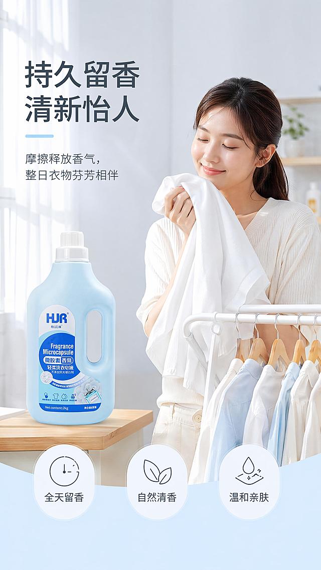 [第3屏] 真人使用效果展示，年轻亚洲女性模特展示洗净后的留香衣物。氛围风格：温馨居家场景，自然柔和光影，松弛愉悦氛围，真实生活质感。元素布局：模特半身位于画面右侧，展示刚晾晒好的干净衣物，衣物带有自然蓬松质感；画面左侧放置洗衣皂液产品图，左下角添加三个圆形卖点icon突出核心优势；模特状态自然愉悦，体现使用后的好心情。光影质感：柔和窗边自然光，整体明亮温馨，阴影自然过渡。配色色系：全局底色 #eef6ff，主色浅暖调，辅助浅蓝产品色，深灰色文字。视角构图：右侧人物左侧产品，自然生活化构图，阅读动线从左到右。文字版式：左侧主标题「持久留香 清新怡人」，副标题「摩擦释放香气，整日衣物芬芳相伴」，三个卖点：「全天留香」「自然清香」「温和亲肤」，文字排版清晰不遮挡主体。比例分辨率：9:16竖版比例，4K分辨率，文字清晰可辨，高清画质。负向提示词：人物畸形，产品变形，文字错乱，背景杂乱，过度修图。